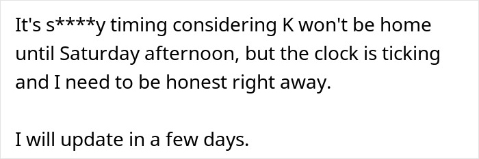 Text message discussing honest timing and updating soon, related to cheater hiding one night stand from boyfriend.