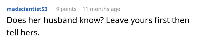 Comment saying Does her husband know, discussing a woman who sleeps with a married man and confronts his wife with texts.