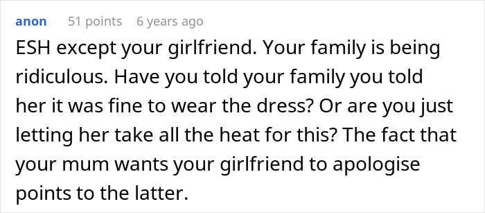 Comment text discussing drama caused by approving an outfit for sister&rsquo;s wedding leading to relationship tension.