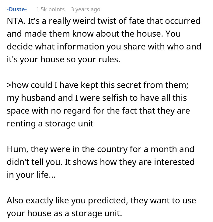 Comment discussing parents being mad about their daughter buying a house secretly while being sneaky themselves.