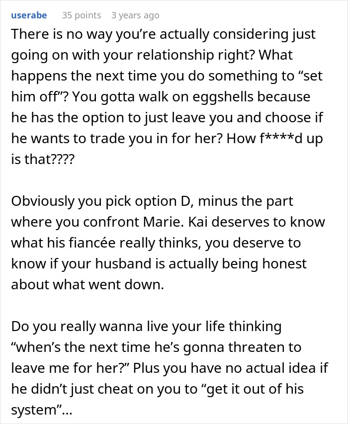 Text from a user discussing relationship struggles and the possibility of a husband being a horrible, cheating jerk.