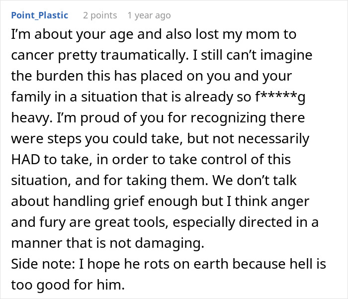 Comment on a forum expressing grief and anger over husband refusing chemotherapy, highlighting daughter's revenge and cancer struggle.