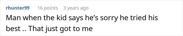 Reddit comment expressing emotional reaction to a child apologizing for trying his best during a stressful family moment.