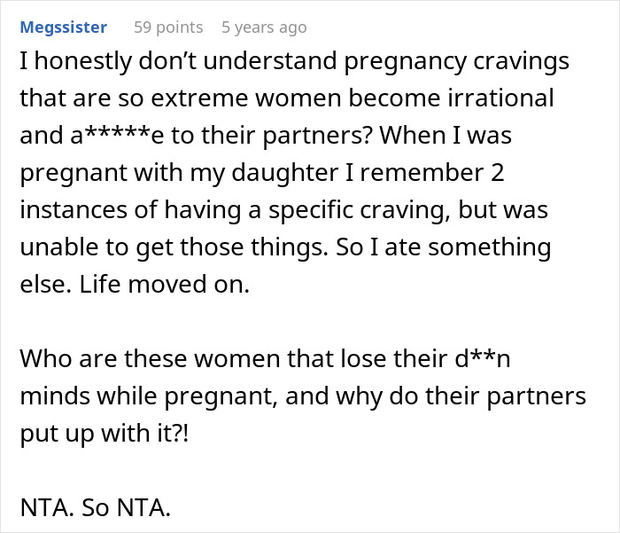 Comment discussing pregnancy cravings and behavior, highlighting pregnant wife&rsquo;s cruel comment affecting her husband deeply.