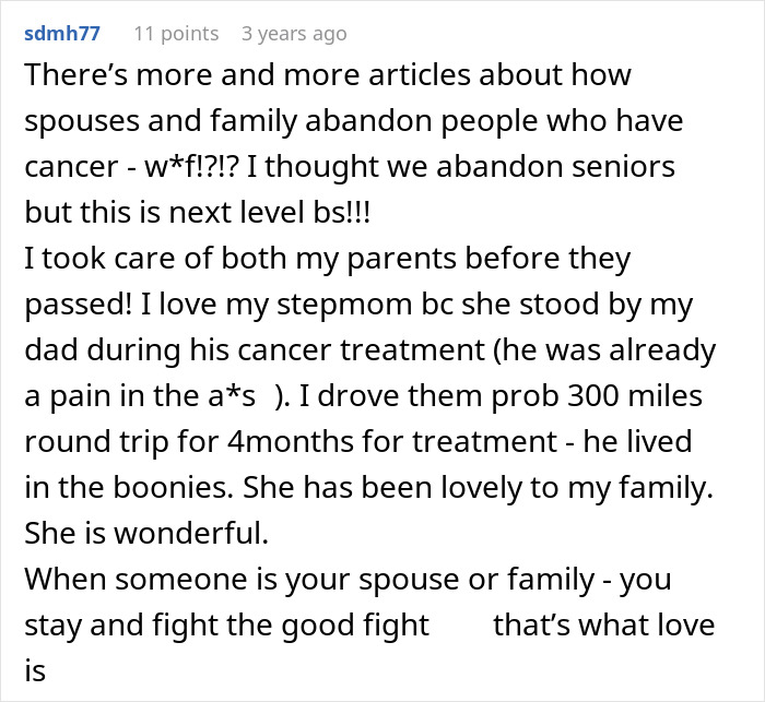 Comment about spouses and family abandoning during cancer treatment, highlighting loyalty and support in hardest moments. Comment about spouses and family abandoning during cancer treatment, highlighting loyalty and support in hardest moments.