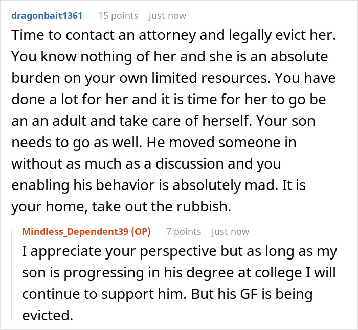 Reddit thread discussing eviction of random internet stranger living with boyfriend&rsquo;s family and mother&rsquo;s reaction to the situation.