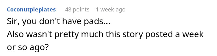 Screenshot of a user comment discussing a man stashing Midol and tampons in a bathroom for friends and guest drama.