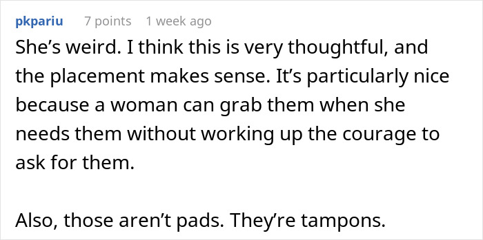 Screenshot of an online comment discussing the thoughtful placement of Midol and tampons in a bathroom for guests.