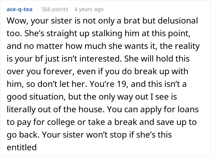 Comment discussing a sister&rsquo;s demand to dump secret boyfriend so she can date him instead, highlighting family conflict.