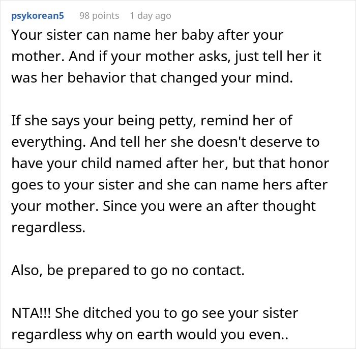 Text post discussing changing a baby name due to family issues while secretly pregnant, advising no contact preparation.