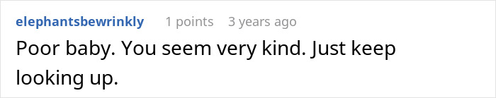 Comment saying Poor baby, showing woman's innocent goofy joke hinting at her husband being a horrible cheating jerk.