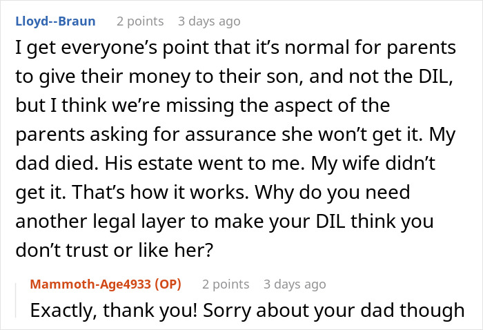 Commenters discussing expectations and reality of money gifts from in-laws to son versus daughter-in-law in a family dispute.
