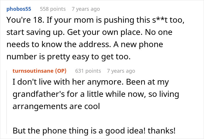 Red and black text exchange about saving money, phone numbers, and living arrangements after DNA lab mixes paternity results.