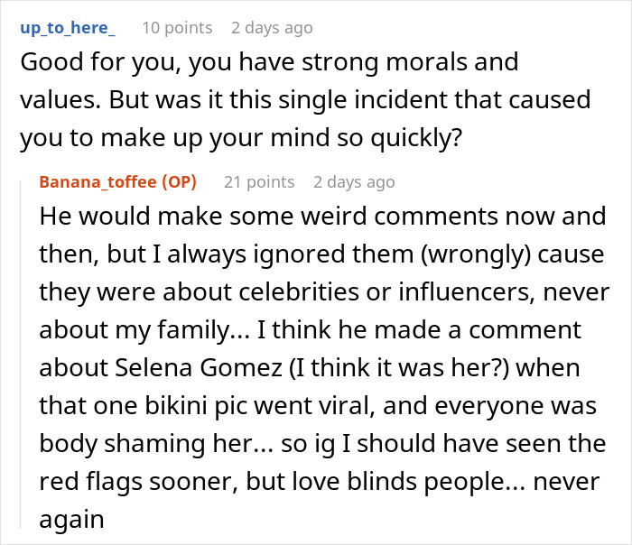 Screenshot of a Reddit conversation discussing a three-year relationship ending after a comment to the girlfriend&rsquo;s teen sister.