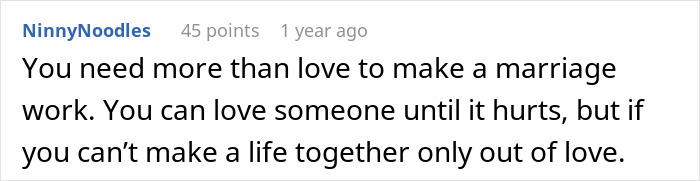 Screenshot of an online comment about love and relationships shared in an internet discussion thread.