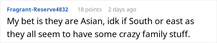 Comment discussing a family's complicated rivalry involving a jobless 36-year-old and her PhD cousin causing financial loss.
