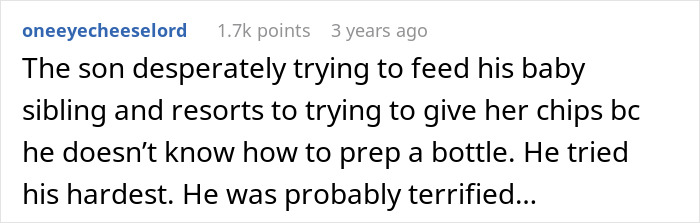 Son panicking while trying to feed crying baby as mom returns from 10-hour shift to a total mess with husband asleep.