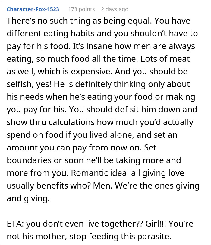 Comment discussing issues with a guy who pays 50% for meals but hogs food, causing frustration over shared groceries.