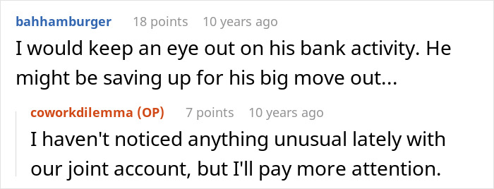 Screenshot of a forum conversation about a man helping his pregnant coworker and his wife discovering the real reason.