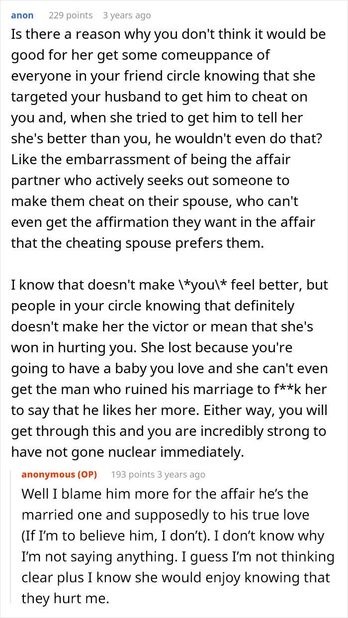Text conversation discussing a woman coping with her husband&rsquo;s affair and the emotional impact of cheating.