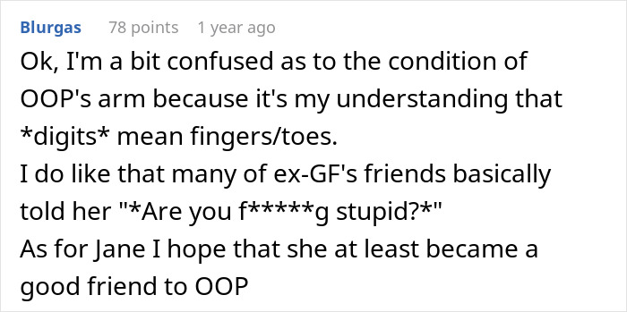 Comment discussing confusion about condition of one-armed guy and mentioning lazy BIL's reaction to him cutting vegetables.
