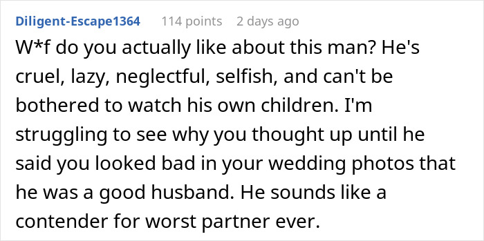 Screenshot of a Reddit comment criticizing a man who uses mental health issues to manipulate his wife and causes wedding photo conflict.