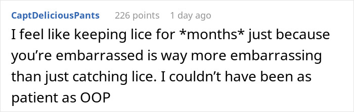 Screenshot of a Reddit comment discussing patience about dealing with lice over several months and embarrassment.