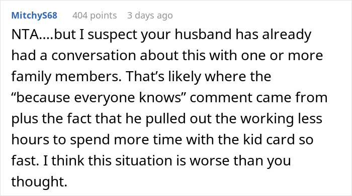 Comment discussing husband's family conflict and the woman being called out for not having a job. Comment discussing husband's family conflict and the woman being called out for not having a job.