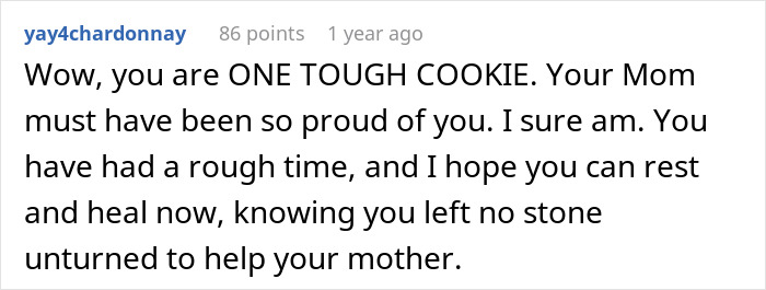 Comment praising a daughter for being strong and supportive after husband refuses to let wife get chemotherapy.