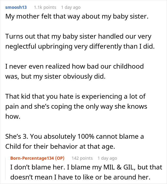 Reddit comments discussing violent niece injuring a 6-month-old baby and family enabling harmful behavior.