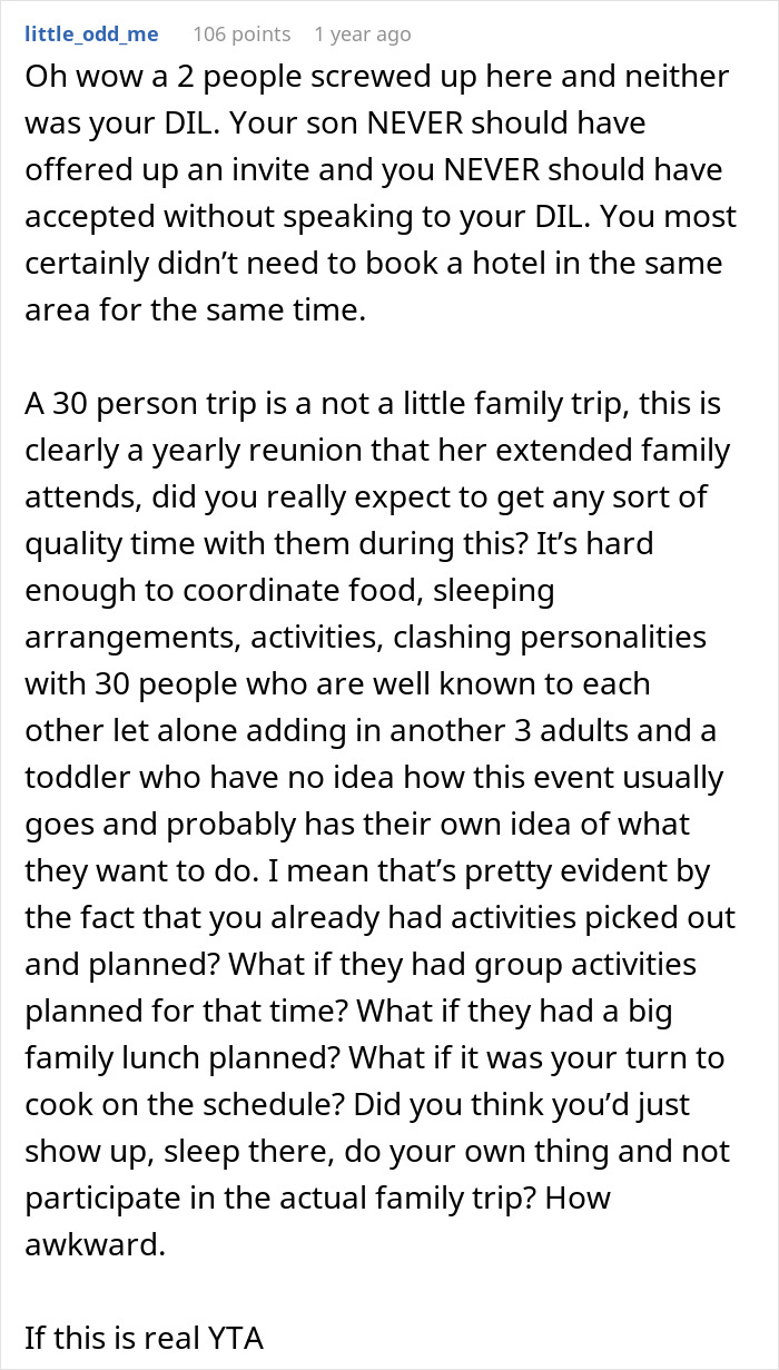 Comment criticizing MIL&rsquo;s spite trip plans after son and DIL reject her, highlighting family trip coordination issues.