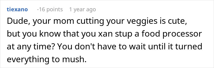 Comment discussing mom cutting vegetables, suggesting using a food processor as an easier alternative for preparing veggies.