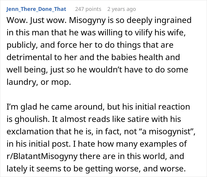 Comment discussing a delusional guy's refusal to help pregnant wife despite being the breadwinner, highlighting ingrained misogyny.