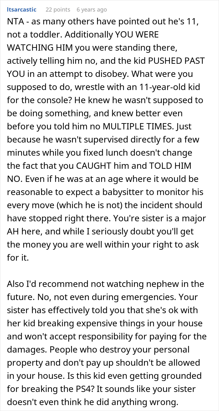 Comment discussing responsibility and consequences after 11-year-old breaks aunt&rsquo;s PS4 with mom refusing to replace it.