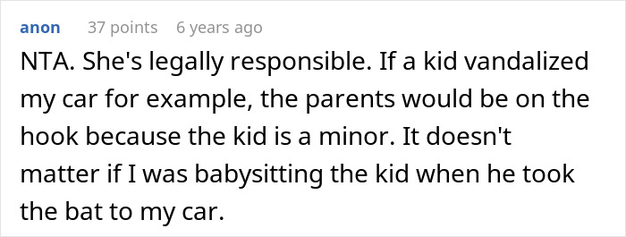 Screenshot of an online comment discussing responsibility after 11YO breaks aunt&rsquo;s PS4 and the mom&rsquo;s response.