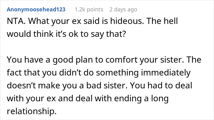 Reddit comment discussing a guy blowing up a 3-year relationship with a comment to girlfriend&rsquo;s teen sister.