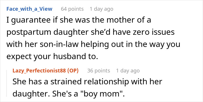Comment thread discussing family dynamics about a man getting woken up at 4 AM to care for his baby while his mother worries.