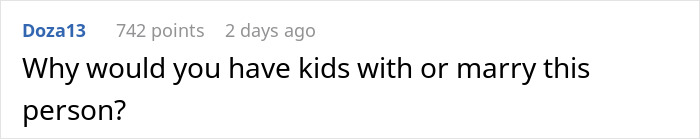 Comment expressing disbelief about marrying or having kids with someone, highlighting relationship tension and mental health strain.