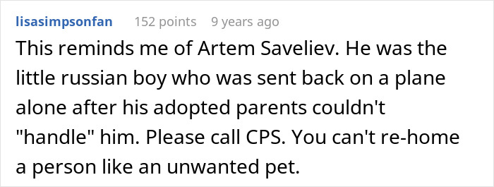 Comment discussing a woman struggling with her 8th adopted child’s behavior and the idea of giving him away on social media. Comment discussing a woman struggling with her 8th adopted child’s behavior and the idea of giving him away on social media.