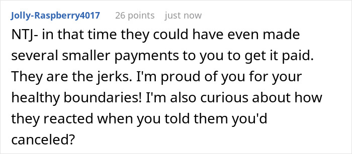 Screenshot of a comment discussing entitled freeloaders treating a generous friend like an ATM during a vacation conflict.