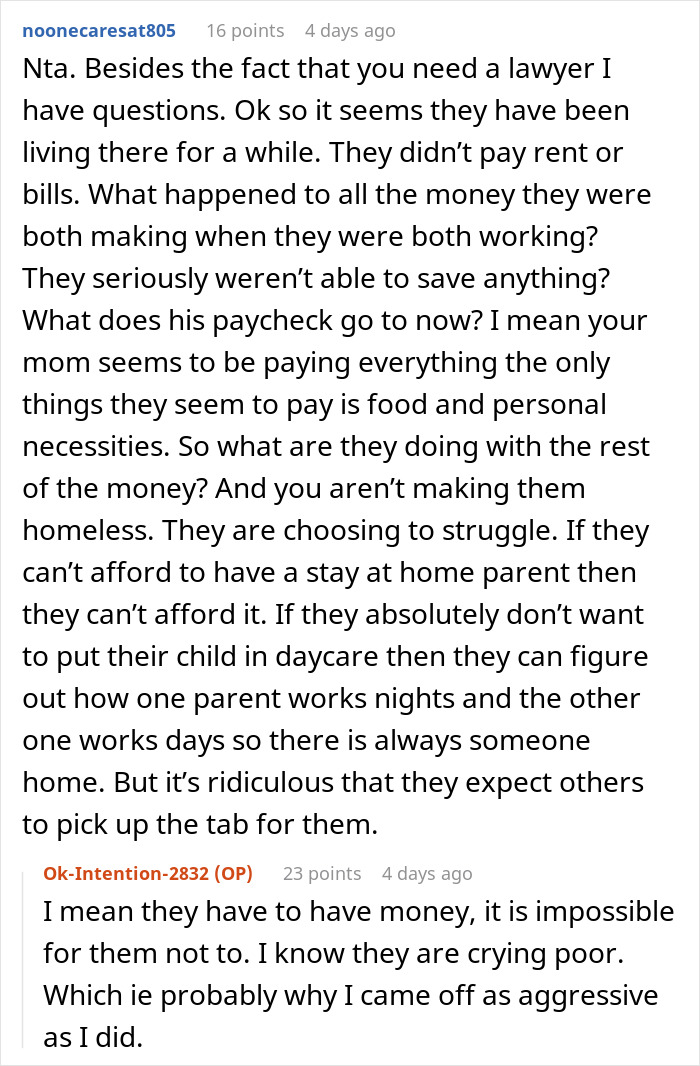 Reddit discussion about family expecting grandma to support financially so wife can be a stay-at-home mom.