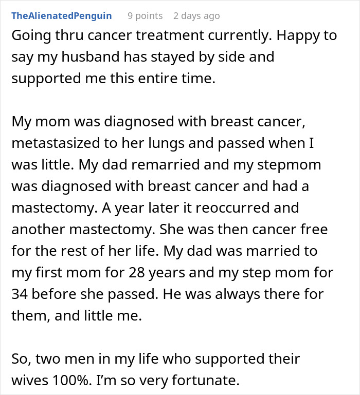 Comment about husband support during cancer treatment, reflecting on abandonment and reality check in difficult moments. Comment about husband support during cancer treatment, reflecting on abandonment and reality check in difficult moments.