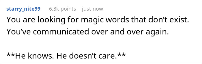 Comment from user starry_nite99 expressing frustration with an unhelpful husband ignoring his stressed wife’s communication repeatedly. Comment from user starry_nite99 expressing frustration with an unhelpful husband ignoring his stressed wife’s communication repeatedly.