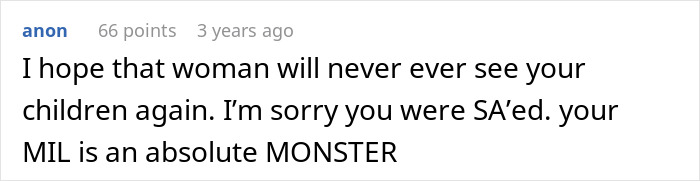 Comment expressing anger at a mother-in-law who secretly did a DNA test on grandkid, calling her a monster.