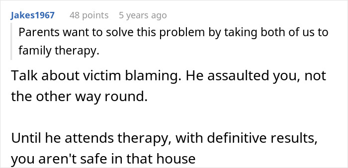 Text comment about victim blaming in a family context related to creepy teen cutting step-sisters hair incident