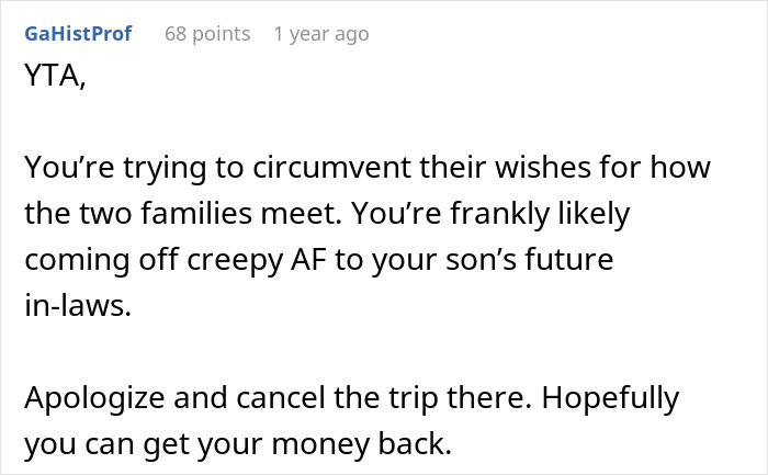 Comment on MIL plans spite trip after son and DIL reject her, advising to apologize and cancel the trip.