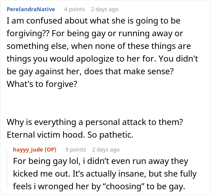 Comment discussing a gay man&rsquo;s experience of being kicked out by parents and their expectations for retirement funding.