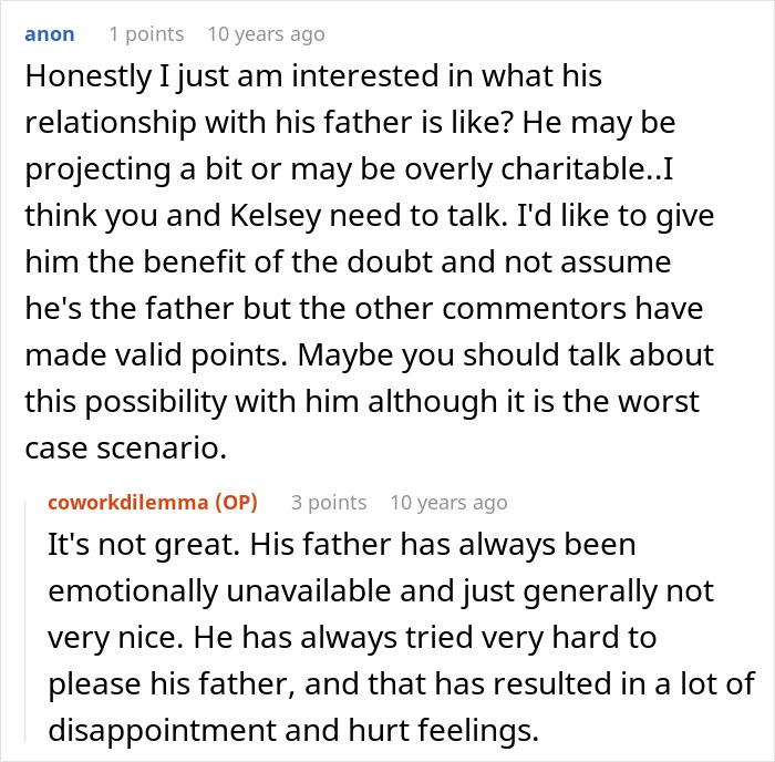 Screenshot of a Reddit conversation about a man taking care of a pregnant coworker and a wife discovering the real reason.