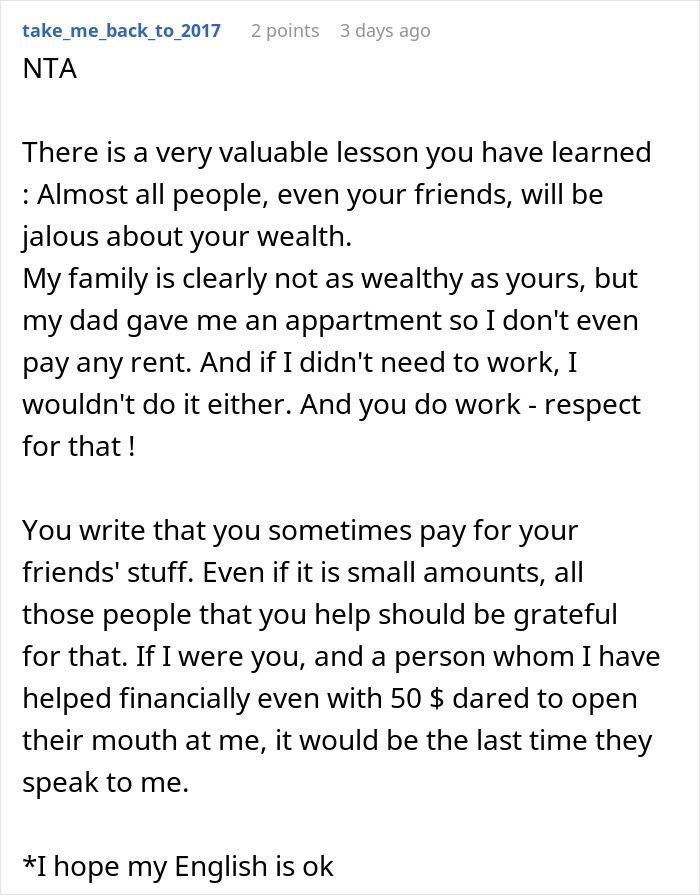 Reddit comment discussing wealth, privilege, and friendship challenges from a woman who grew up wealthy.