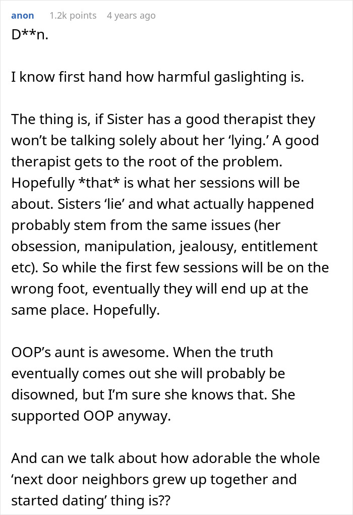 Comment discussing harm of gaslighting and sister&rsquo;s manipulation in a story about guy&rsquo;s sister catching him with secret boyfriend.